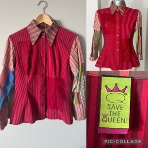 Y2K 90’s Save The Queen Chemise Red Pink Striped Snap Button Down Shirt Sz M